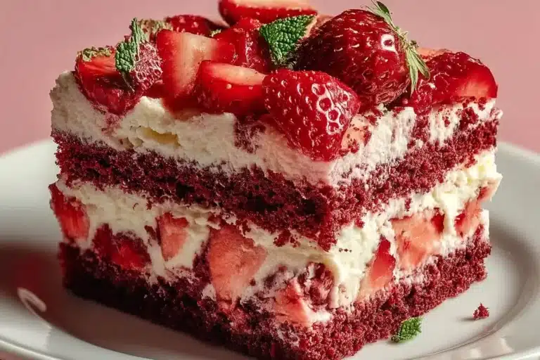 Slice of strawberry velvet cake with fresh strawberries on top