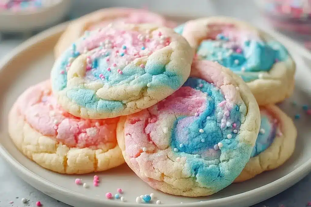 Irresistibly soft cotton candy cookies showcasing a colorful and nostalgic treat.