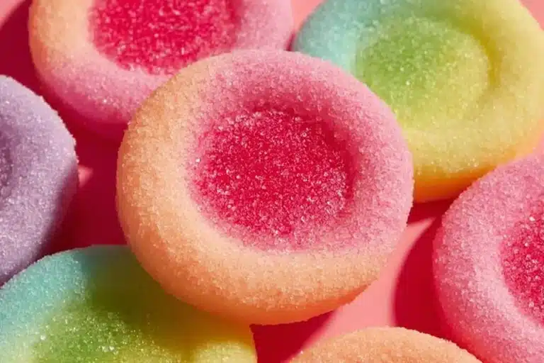 Colorful jello sugar cookies arranged on a plate, soft and chewy treats.