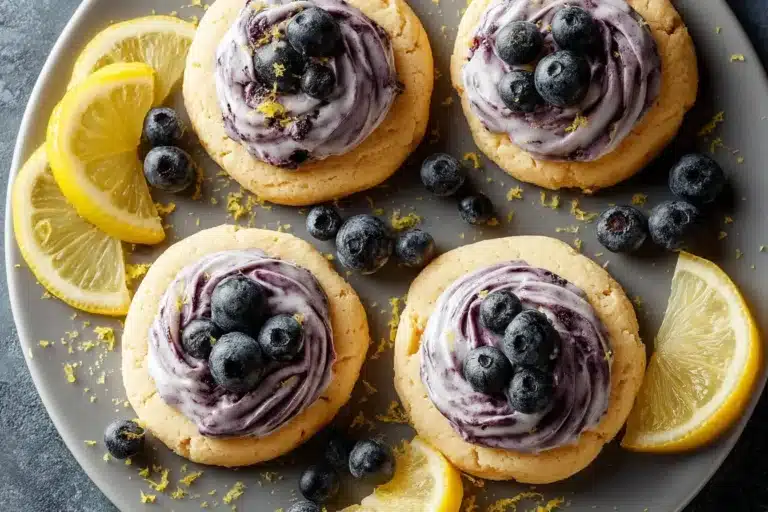 Plate of freshly baked lemon blueberry cookies with vibrant blueberries and lemon zest
