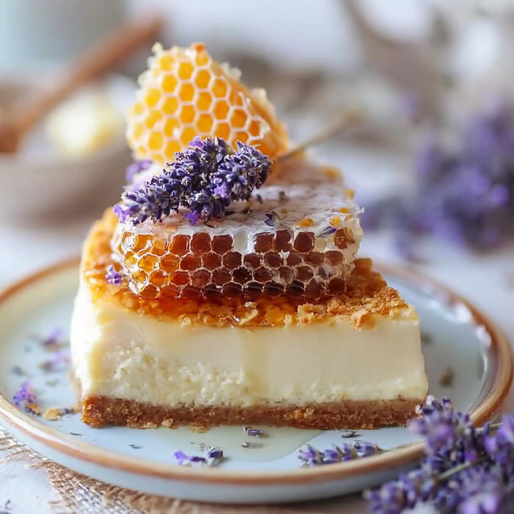 Lemon Lavender Cheesecake Topped with Honeycomb