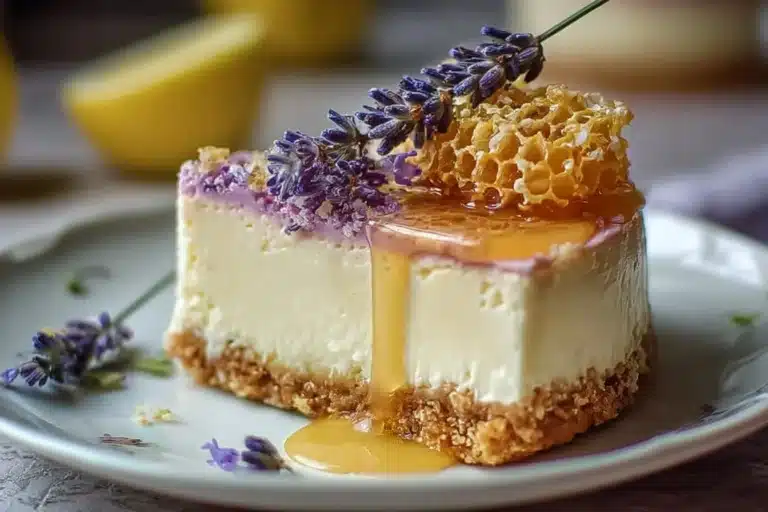 Delicious Lemon Lavender Cheesecake topped with crunchy honeycomb