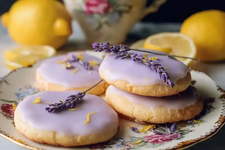 Delicious Lemon Lavender Cookies topped with citrus lavender glaze on a plate