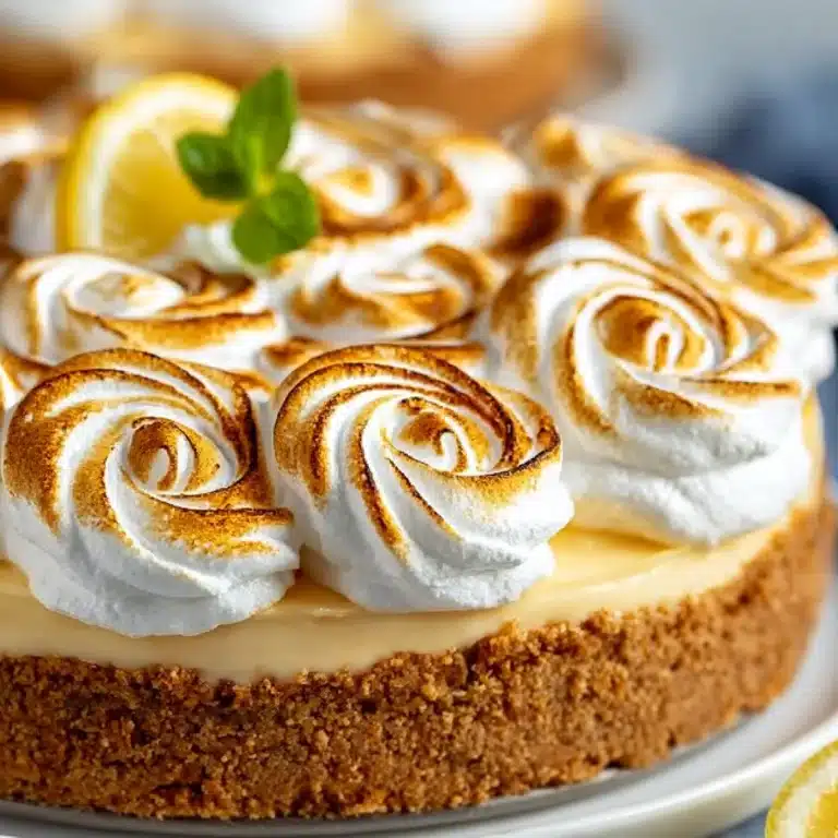 Delicious lemon meringue cheesecake topped with fluffy meringue