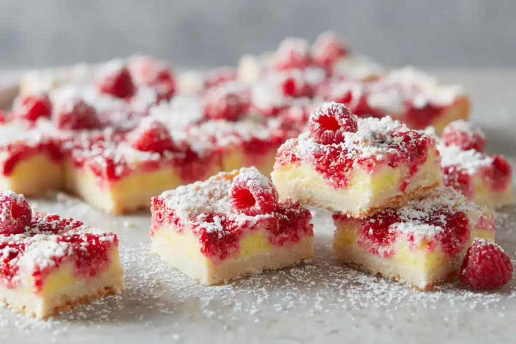 Homemade lemon raspberry bars served on a white plate with fresh raspberries