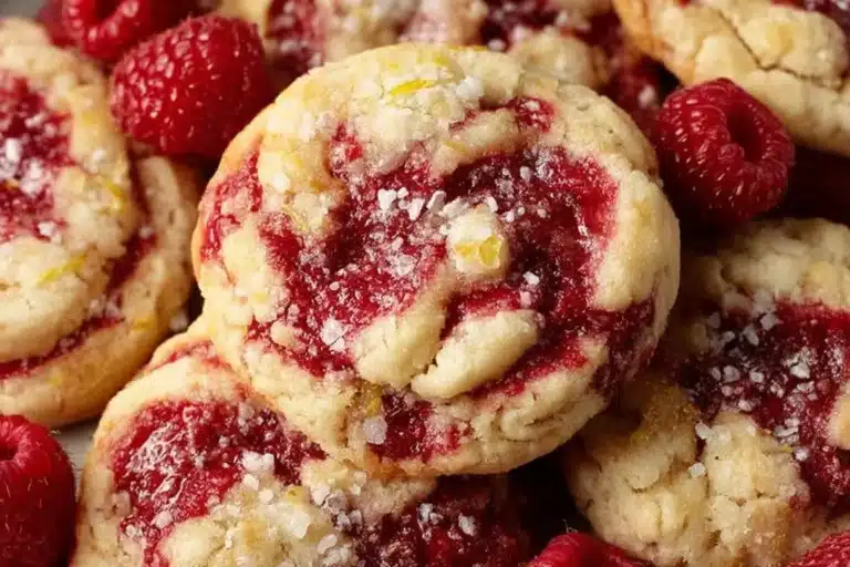 Freshly baked lemon raspberry cookies topped with a drizzle of icing.
