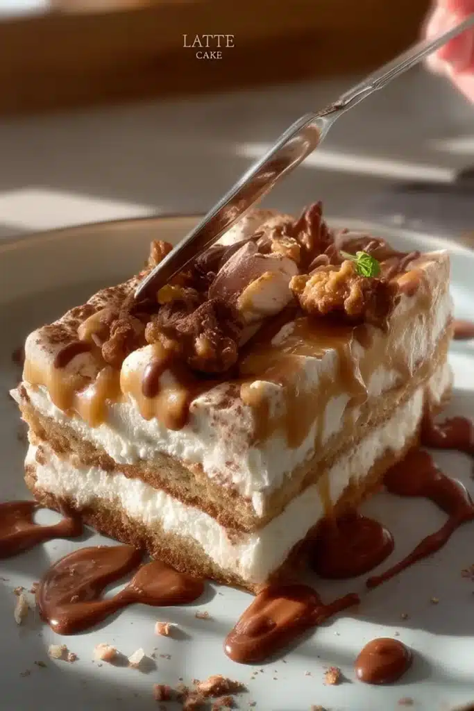 Luxurious Latte Cake topped with creamy frosting and coffee beans