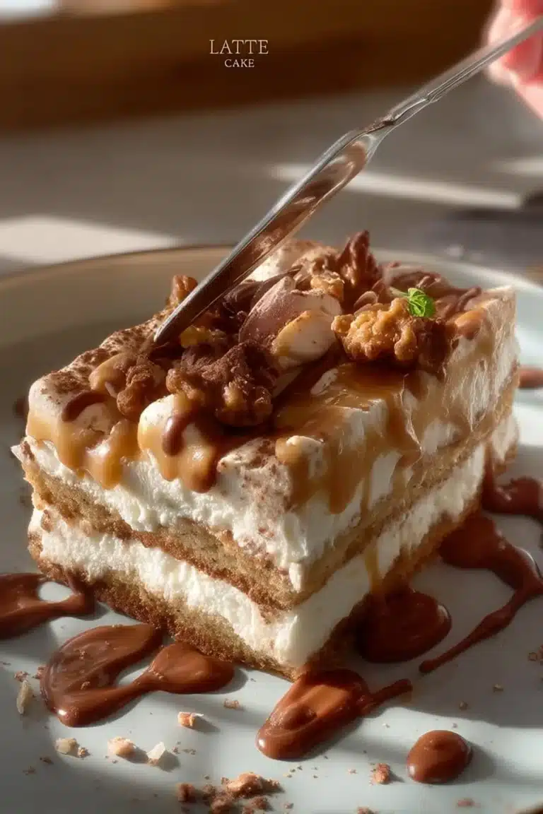 Luxurious Latte Cake topped with creamy frosting and coffee beans