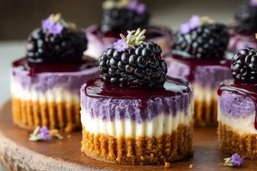 Mini blackberry lavender cheesecakes topped with fresh blackberries and lavender sprigs.