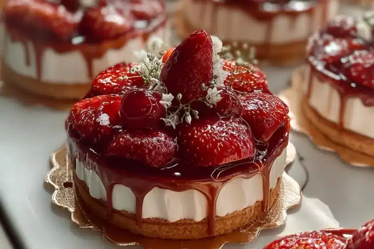 Mini strawberry tartlets topped with fresh strawberries and cream