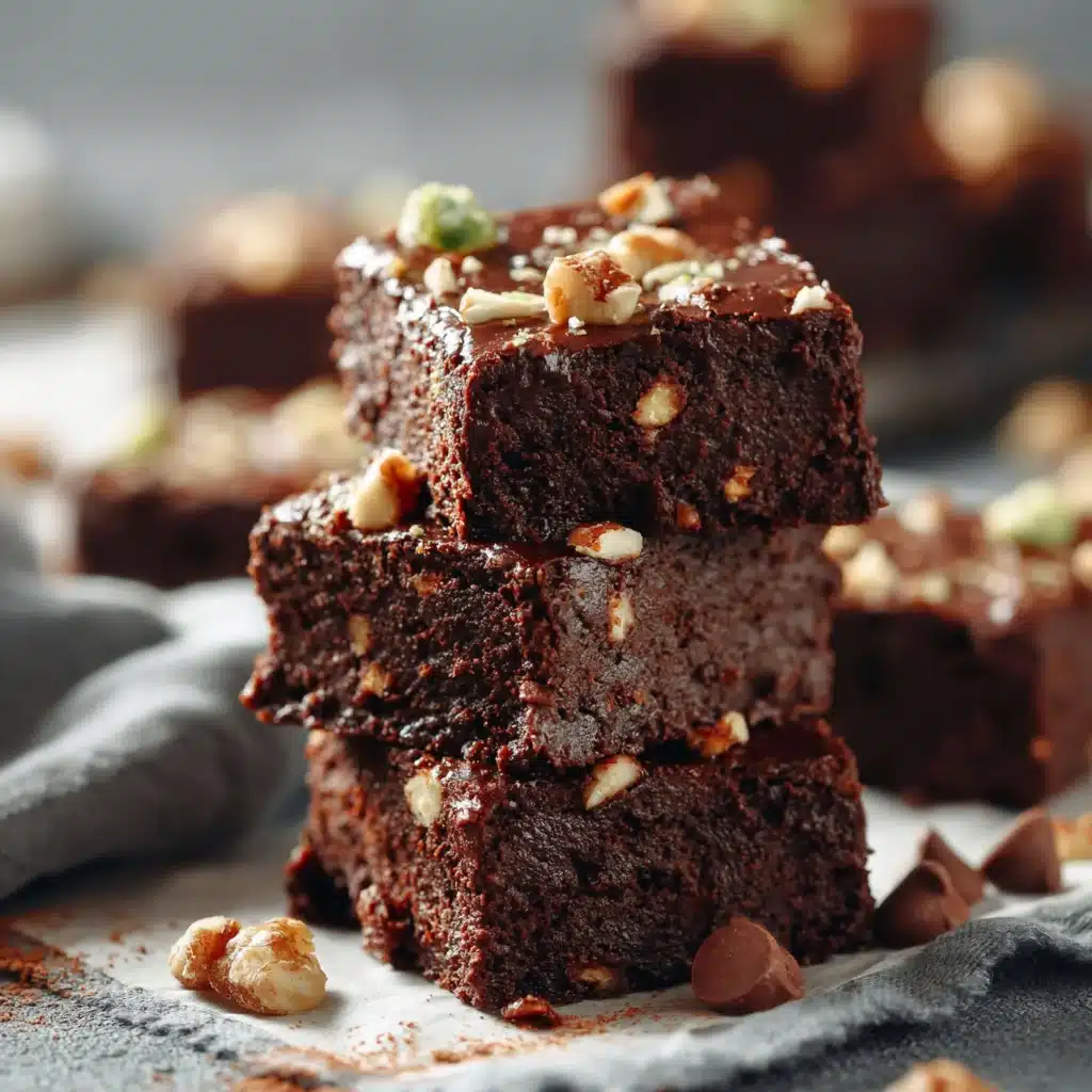 Delicious no-bake brownies topped with chocolate drizzle and nuts