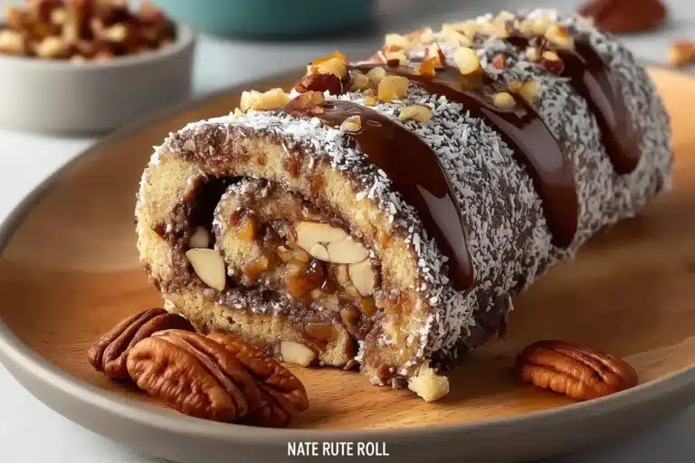 No-bake date nut roll with nuts and dates on a wooden board