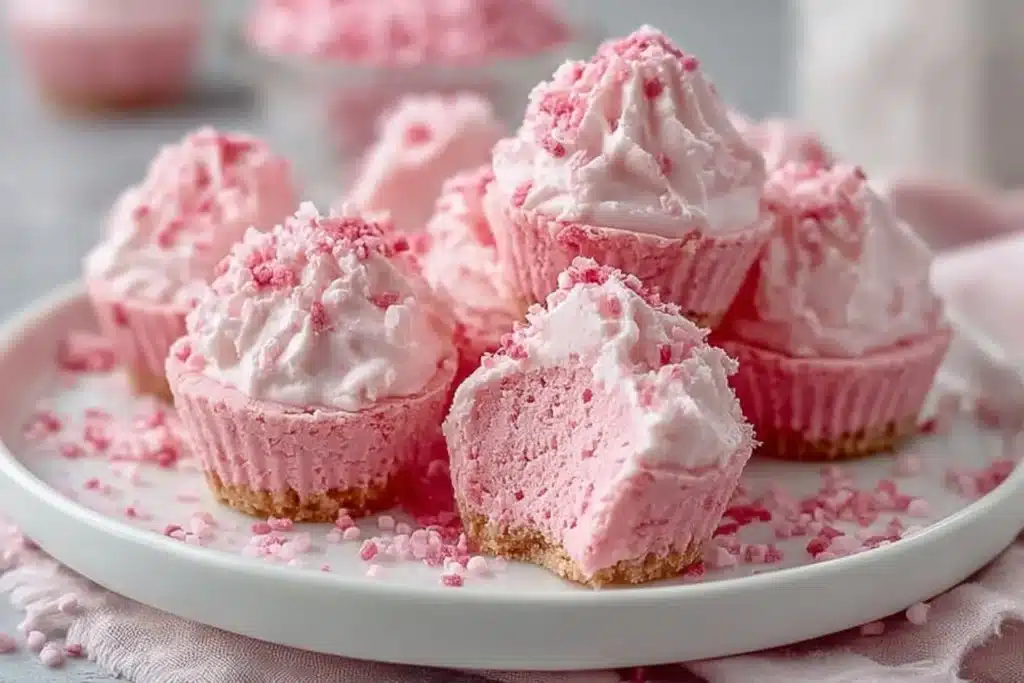 Delicious no bake pink velvet cheesecake bites on a decorative platter.