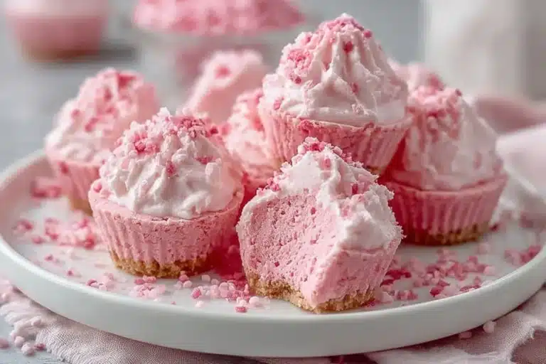 Delicious no bake pink velvet cheesecake bites on a decorative platter.