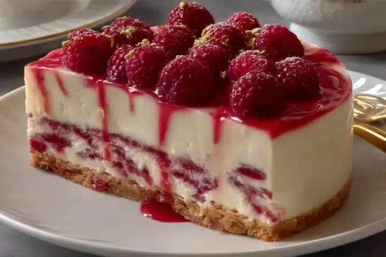 Delicious no bake raspberry cheesecake with fresh raspberries on top