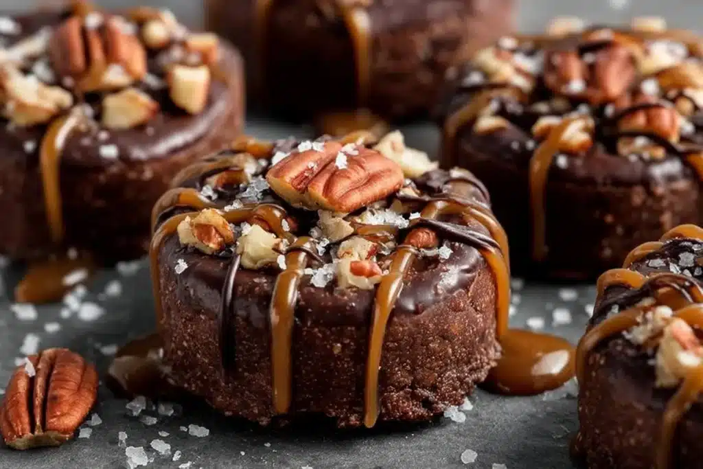 Healthy vegan gluten-free no-bake turtle brownie bites on a plate
