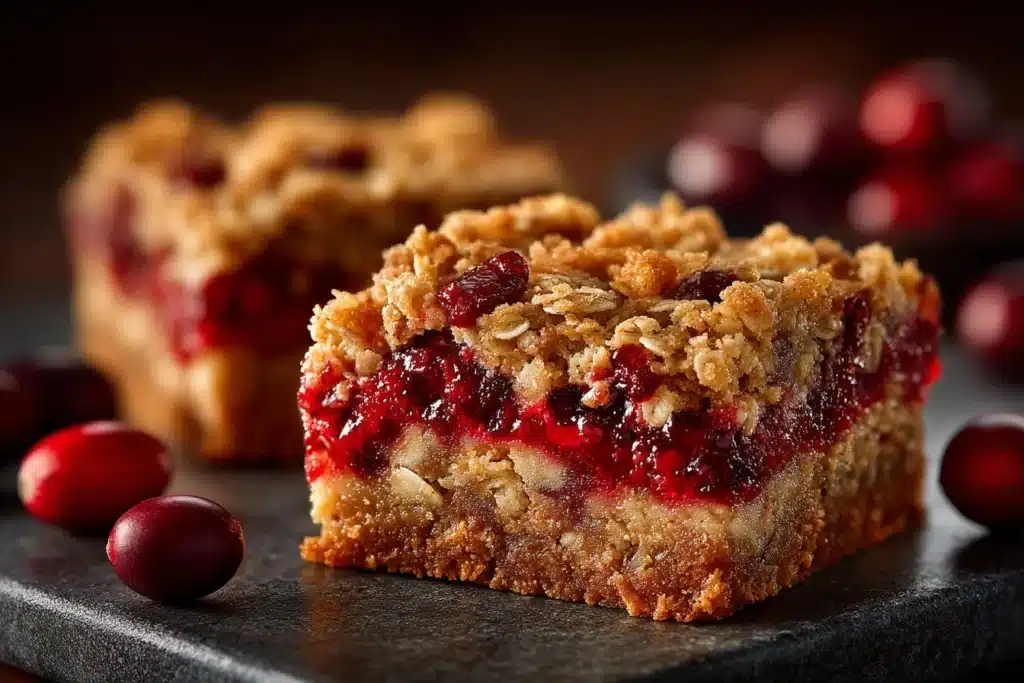 Homemade oatmeal bars with nuts and fruits on a wooden table.