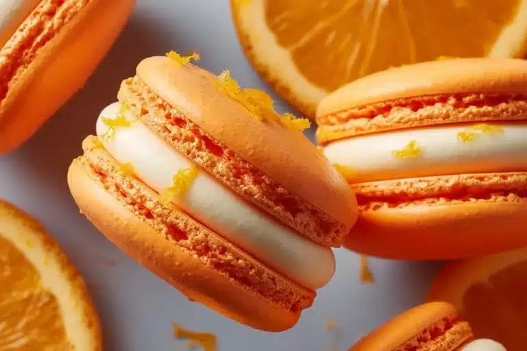 Delicious orange creamsicle macarons on a white plate