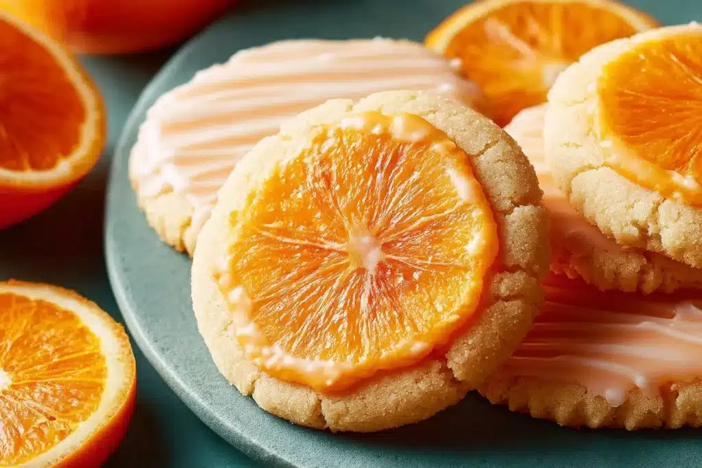 Freshly baked orange sugar cookies on a plate with orange slices