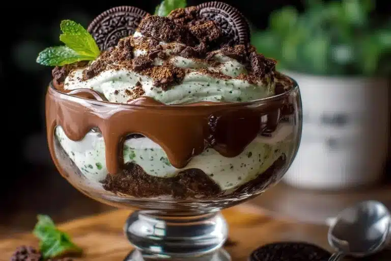 Oreo Mint Cream Chocolate Cookie Trifle with layers of cookies and cream
