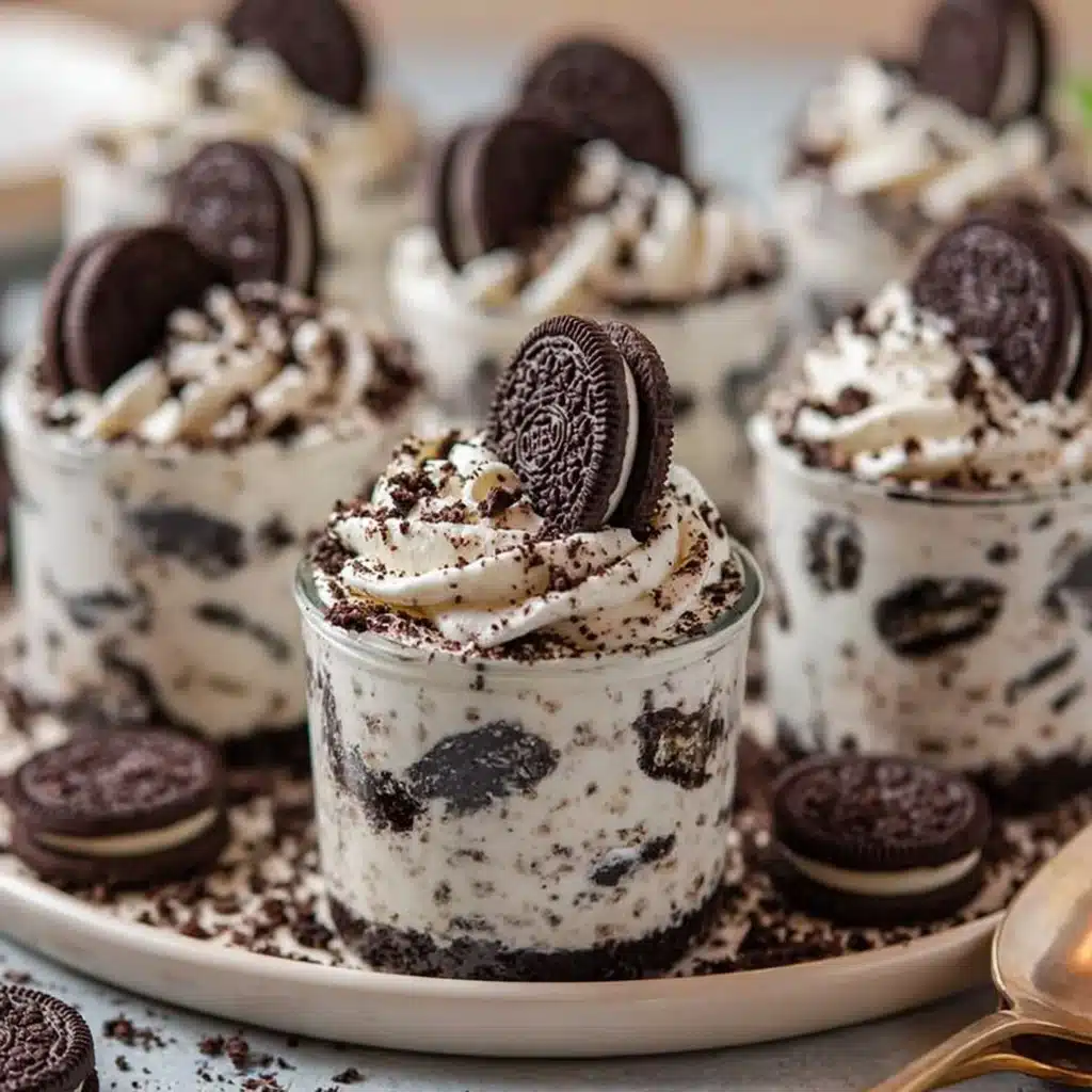 Oreo no-bake cheesecake cups served in decorative glassware