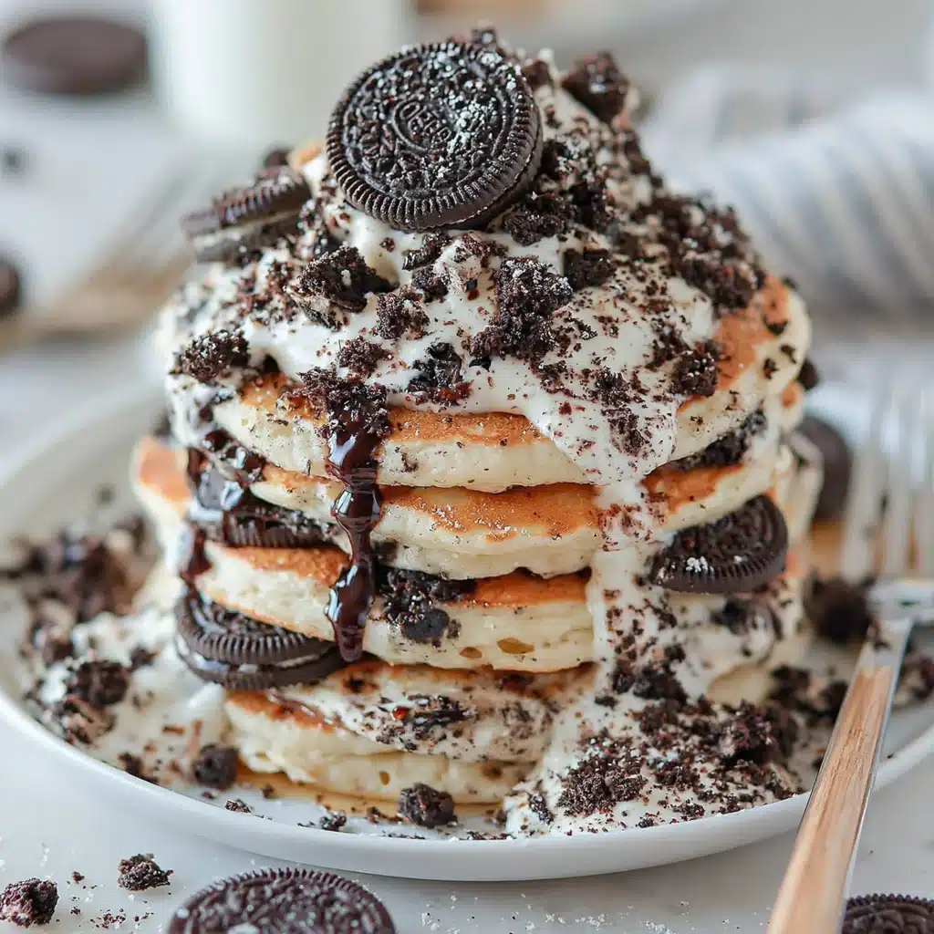 Stack of delicious Oreo pancakes topped with cream and crushed Oreo cookies
