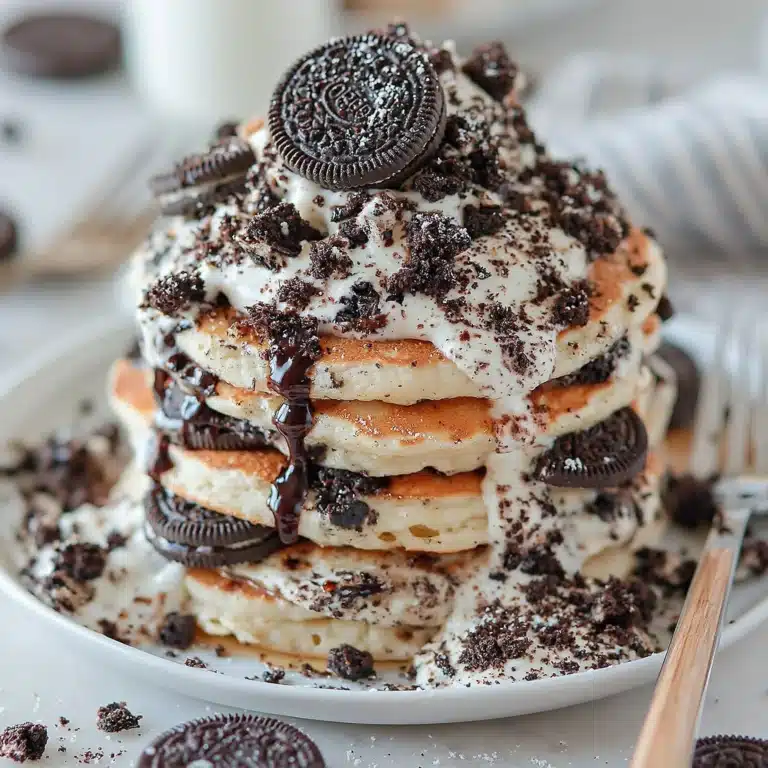 Stack of delicious Oreo pancakes topped with cream and crushed Oreo cookies