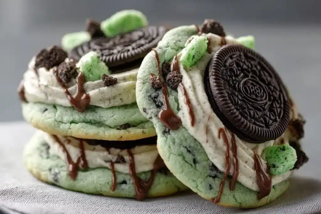 Oreo Shamrock Shake Cookies on a plate with green decorations