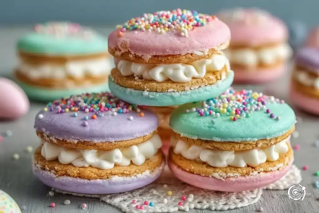 Colorful pastel sugar cookie sandwiches filled with cream, perfect for spring desserts.