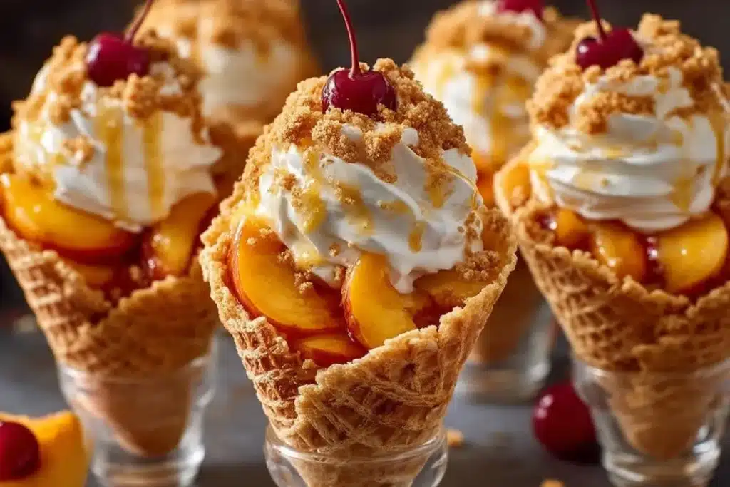Peach Cobbler Cheesecake Cones served in a waffle cone, topped with fresh peaches.