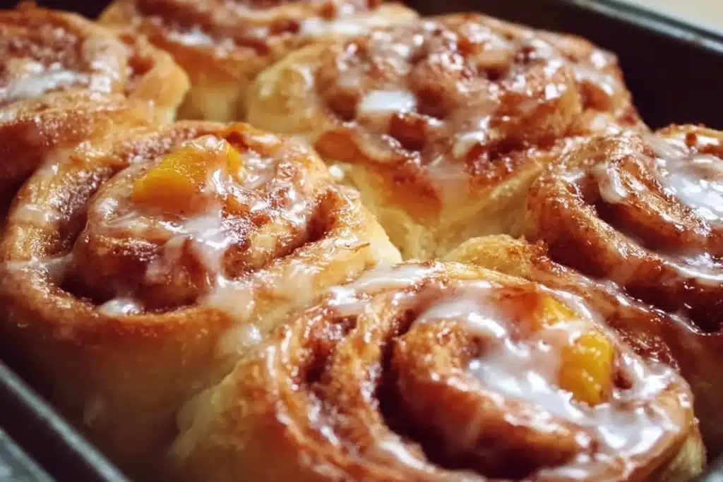 Delicious peach pie cinnamon rolls topped with fresh peaches and cinnamon glaze.