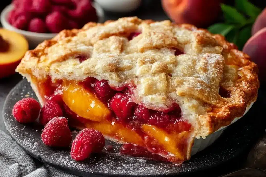 Homemade Peach Raspberry Pie with golden crust and fresh fruit filling