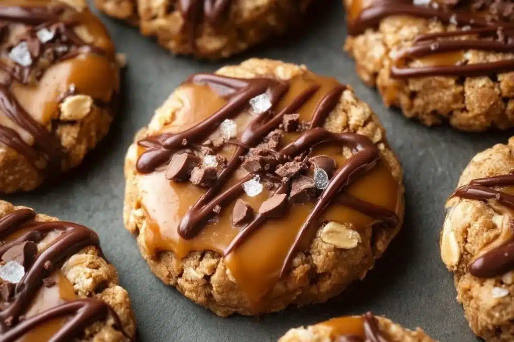 Delicious peanut butter chocolate caramel cookies stacked on a plate