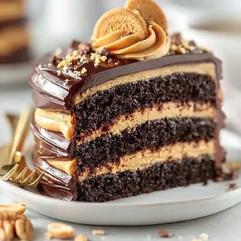 Peanut Butter Chocolate Layer Cake with creamy frosting and layers