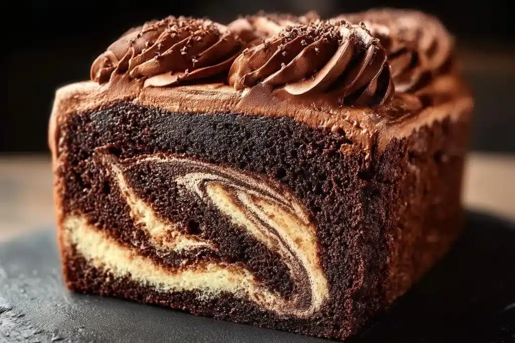 Perfect marble cake with chocolate buttercream frosting on a decorative plate