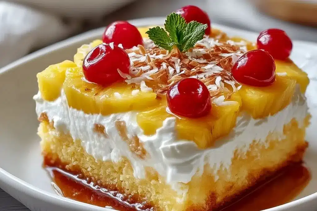 Delicious Pineapple Heaven Cake topped with fresh pineapple slices and cream.