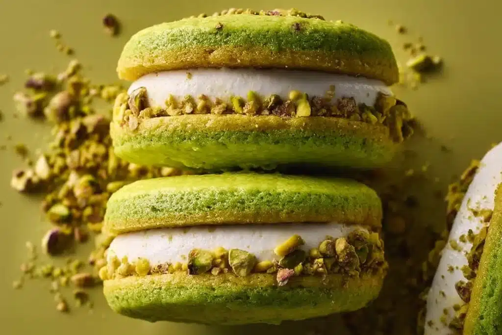 Pistachio cream sugar cookie sandwiches displayed on a plate.