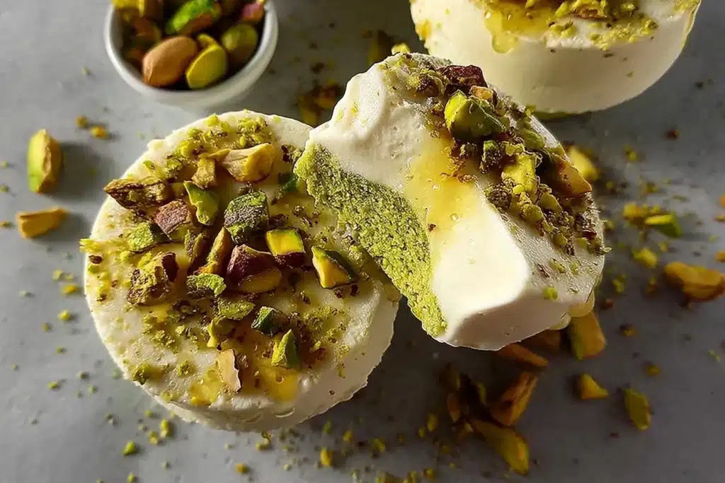 Pistachio frozen yogurt cups topped with nuts and served in a colorful dish