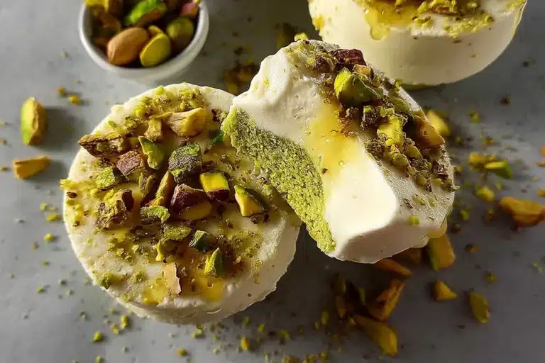 Pistachio frozen yogurt cups topped with nuts and served in a colorful dish