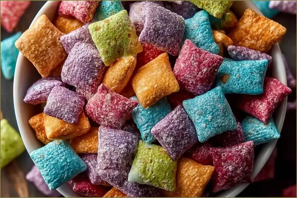 Colorful Rainbow Muddy Buddies snack mix in a bowl