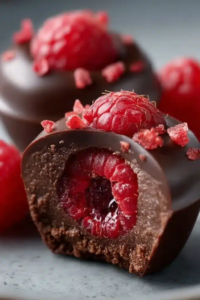 Raspberry filled chocolate bites on a plate with fresh raspberries.