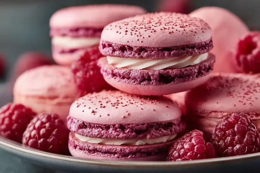 Delicious Raspberry Macarons with a vibrant pink filling and crisp shells.