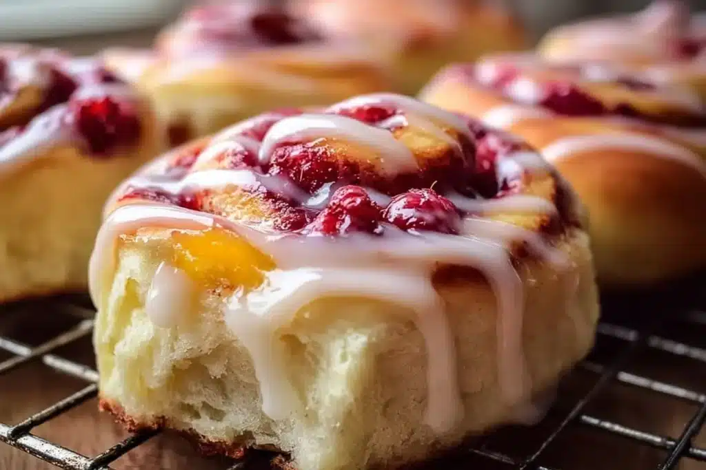 Freshly baked Raspberry Sweet Rolls drizzled with icing