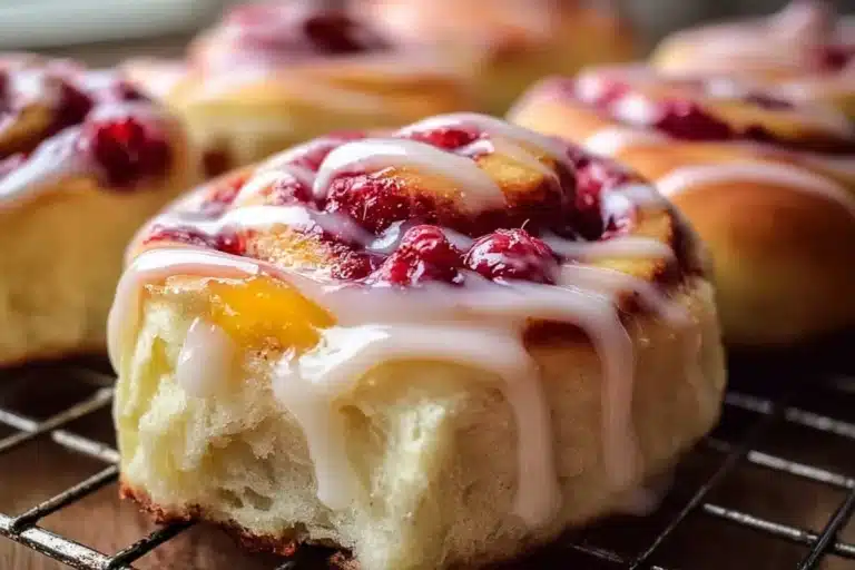Freshly baked Raspberry Sweet Rolls drizzled with icing