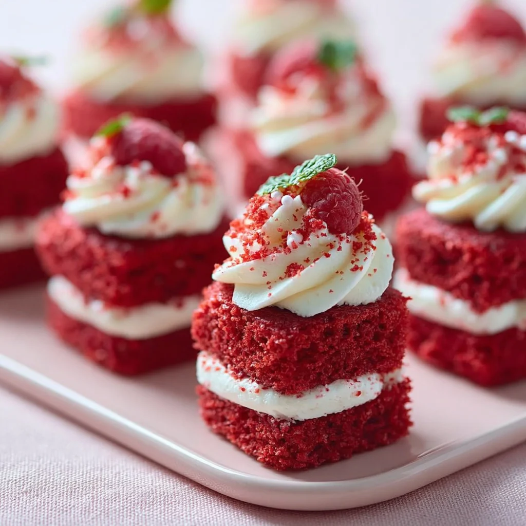 Red Velvet Cake Minis served on a platter, showcasing their vibrant color and creamy frosting