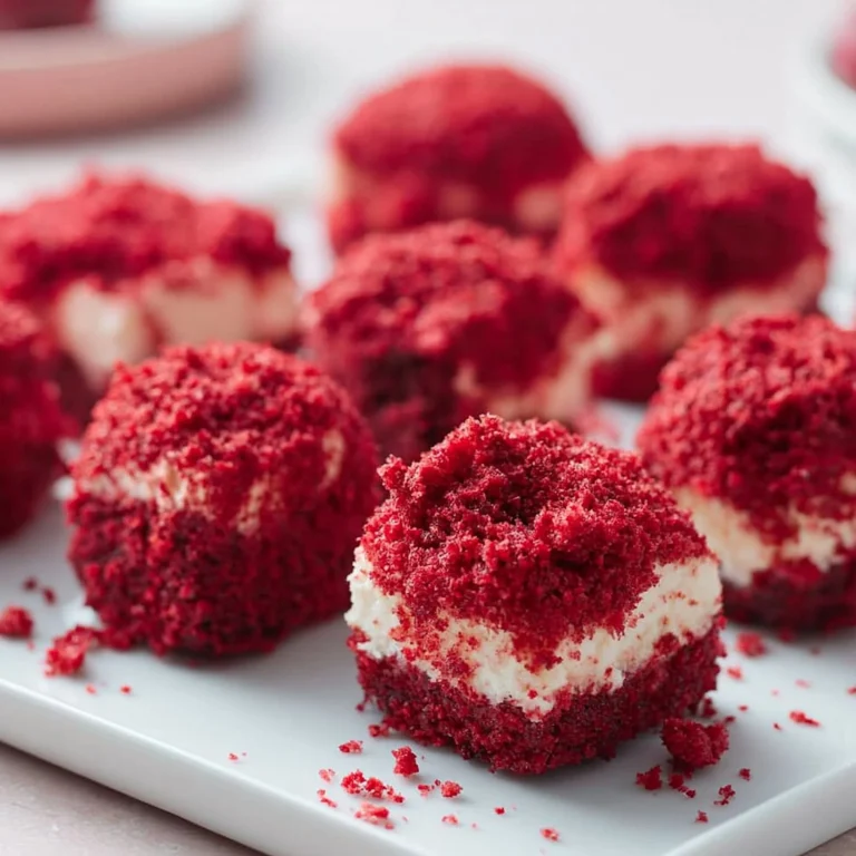 Delicious red velvet cheesecake bites topped with cream cheese frosting.