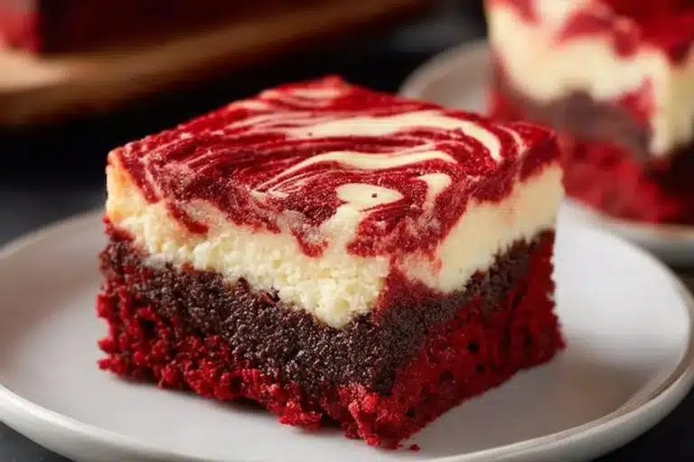Delicious red velvet cheesecake brownies topped with cream cheese frosting