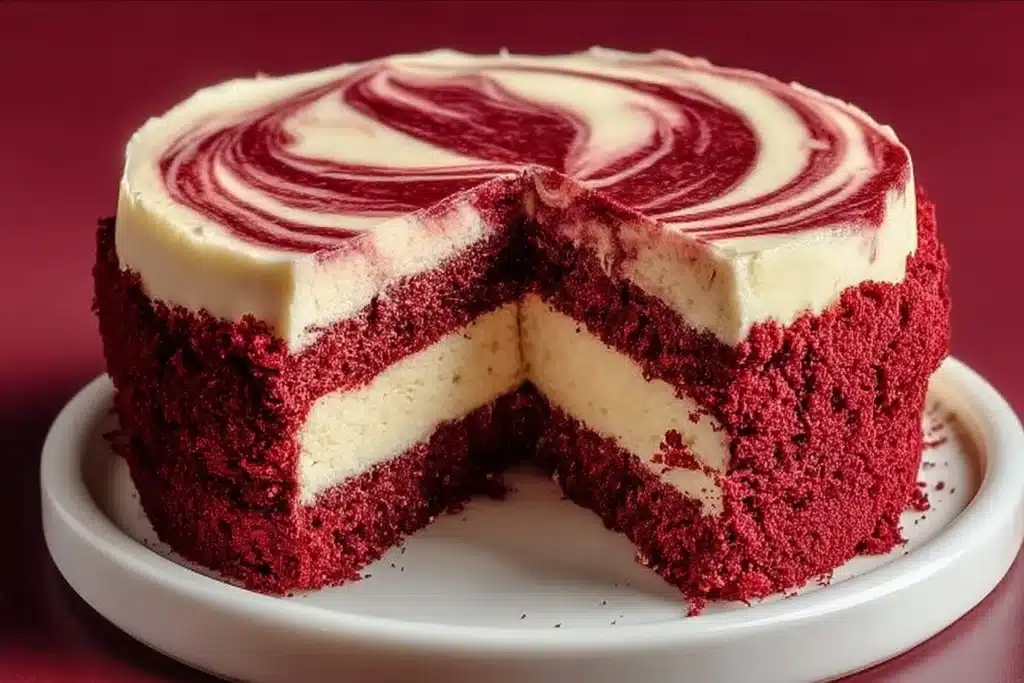 Slice of Red Velvet Cheesecake Swirl Cake on a white plate with decorative sprinkles.