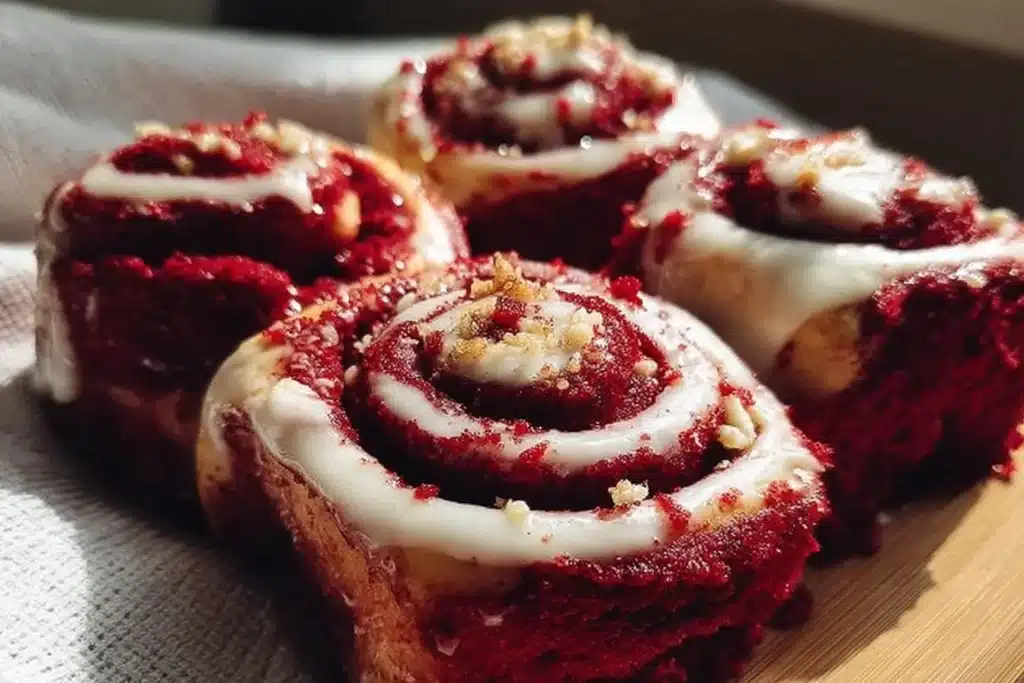 Red Velvet Cinnamon Rolls topped with cream cheese icing on a decorative plate.