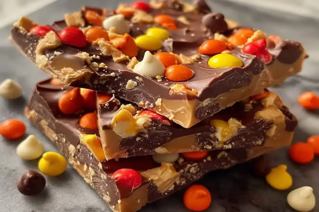 Reese's Pieces Peanut Butter Bark dessert with creamy peanut butter and colorful candies.